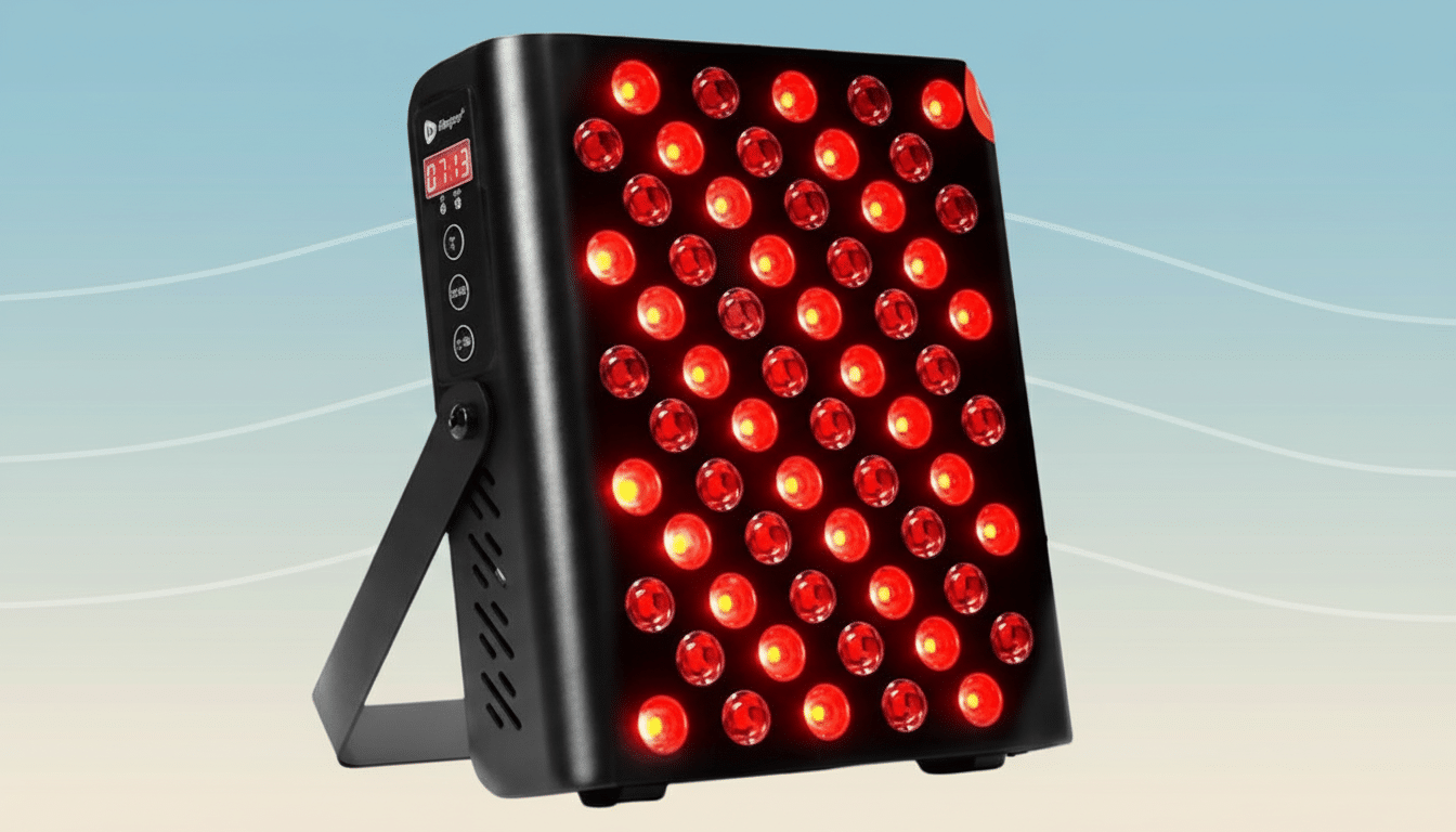 A black rectangular red light therapy device with multiple red LED lights, a digital display showing 07:13, and control buttons on the side, set against a soft blue and white gradient background with subtle wave patterns.