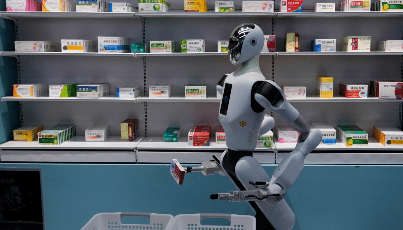 A white and black humanoid robot stands in front of shelves stocked with various medicine boxes, holding an item in its hand.