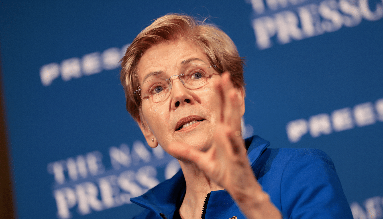 A woman with short blonde hair and glasses, wearing a blue jacket, speaks with her hand raised against a blue background with PRESS visible.