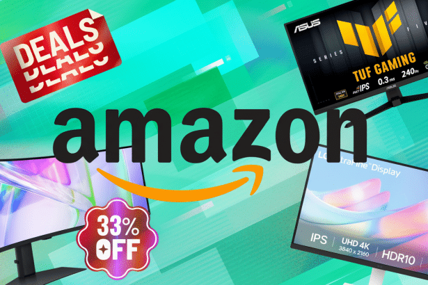 An Amazon promotional image featuring three computer monitors, a Deals sticker, and a 33% Off sticker, all set against a vibrant green and blue geometric background.