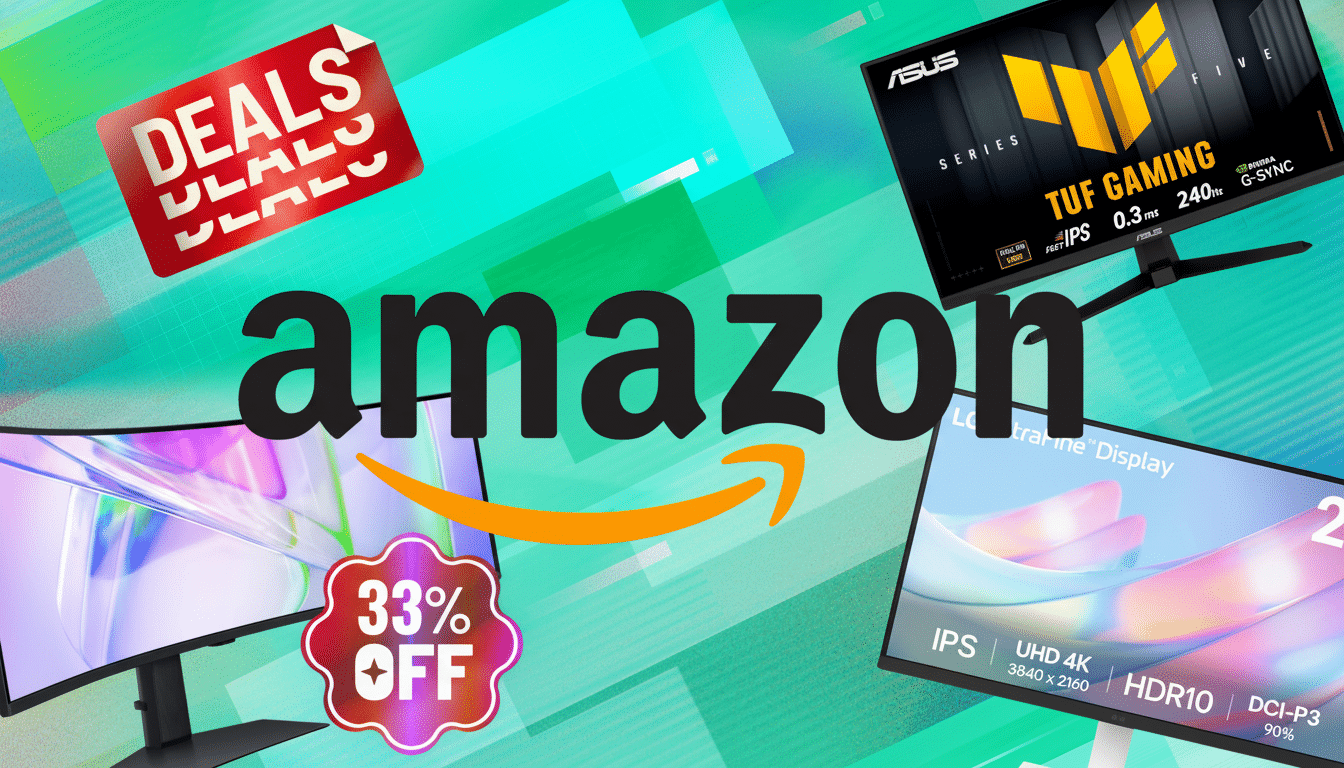 An Amazon promotional image featuring three computer monitors, a Deals sticker, and a 33% Off sticker, all set against a vibrant green and blue geometric background.