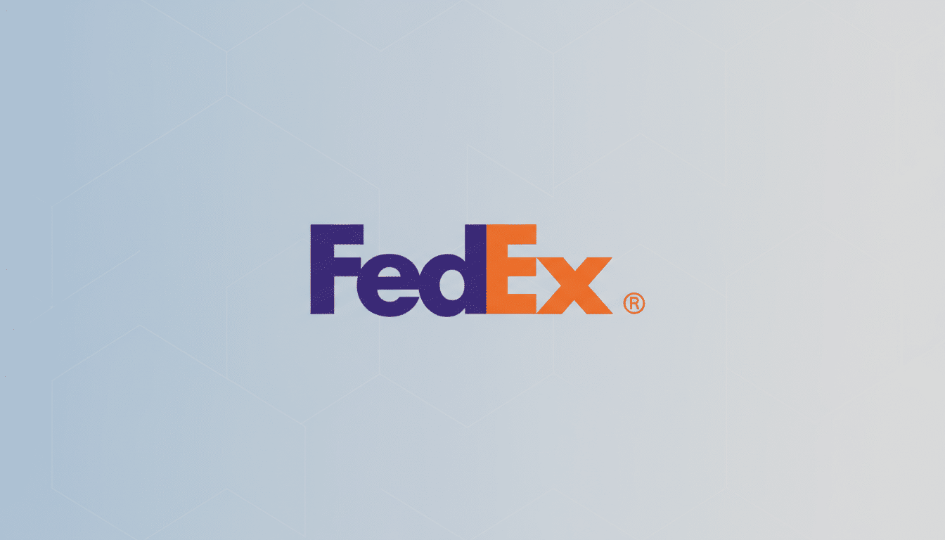 The FedEx logo, featuring Fed in purple and Ex in orange, centered on a light blue background with a subtle hexagonal pattern.