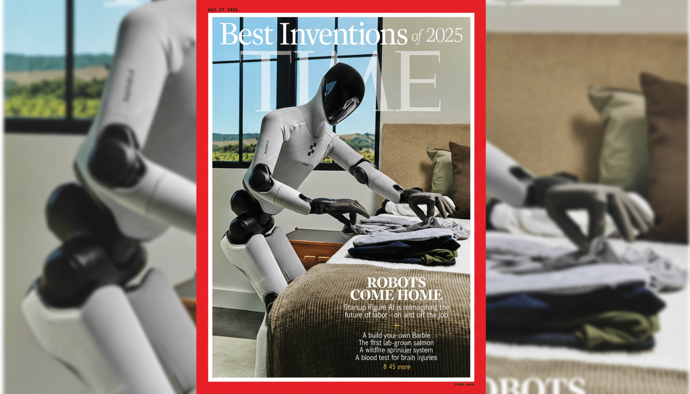 A robot folding clothes on a bed, featured on the cover of TIME magazine with the headline Best Inventions of 2025 and Robots Come Home.
