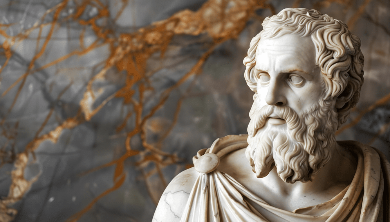A white marble bust of a bearded man with curly hair, draped in a toga, set against a background of dark grey and orange veined marble.