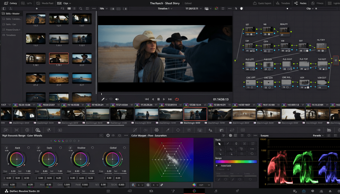 A screenshot of DaVinci Resolve Studio 18, a video editing software, showing a woman in a cowboy hat in the main viewer, surrounded by various color grading tools, timelines, and node graphs.