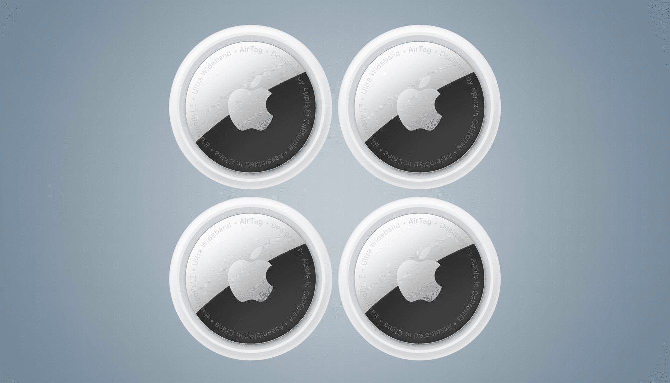 Four Apple AirTags are arranged in a grid on a professional flat design background with a soft gradient.