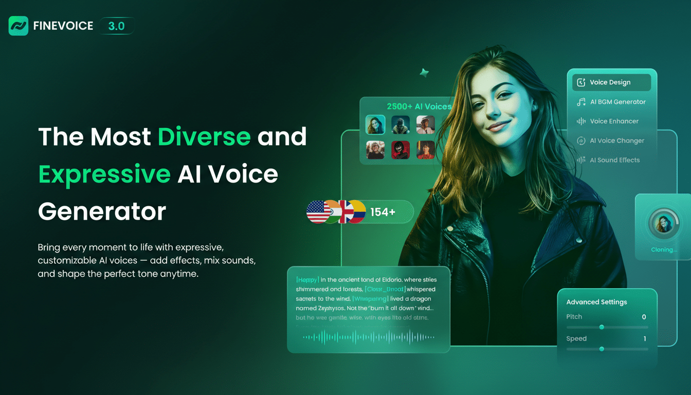 A promotional image for FineVoice 3.0, an AI voice generator, featuring a young woman smiling, surrounded by interface elements and text highlighting the products features.