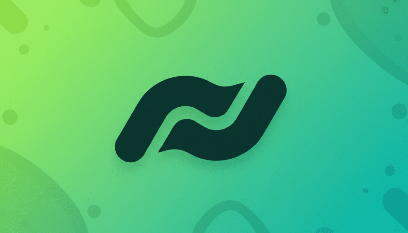 A dark green stylized letter N logo on a vibrant green and yellow gradient background with subtle, soft-edged abstract shapes and circles.