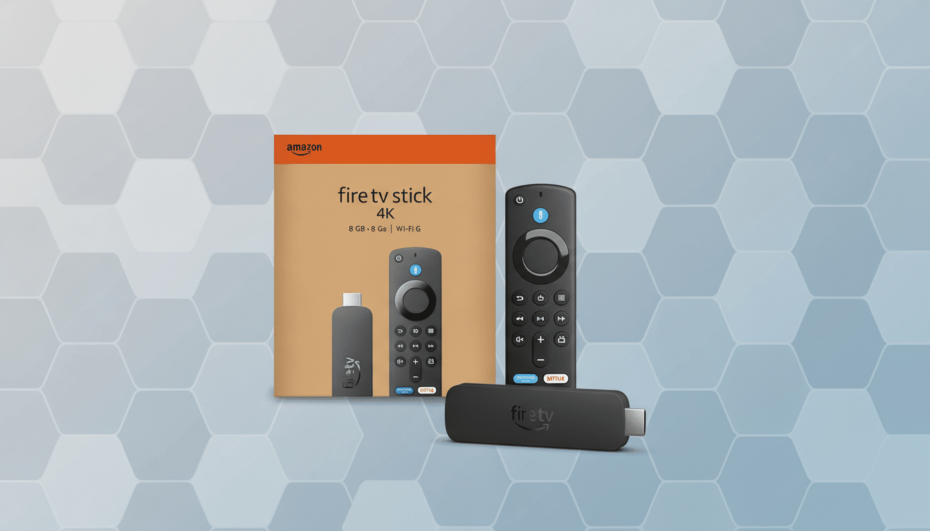 A professional 16:9 aspect ratio image of an Amazon Fire TV Stick 4K box, remote, and the stick itself, presented on a soft patterned background.