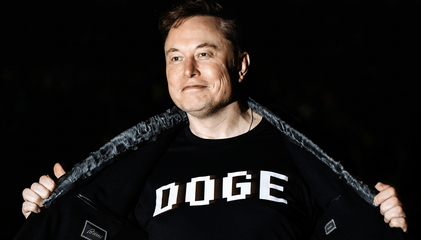 Elon Musk wearing a black t-shirt with DOGE written on it, opening his jacket.