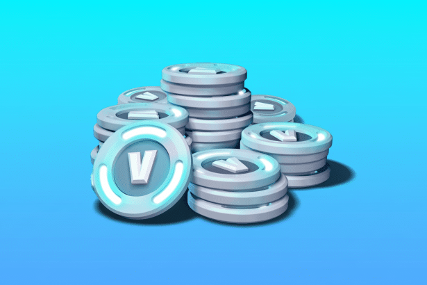 A stack of silver coins with a glowing V symbol on a blue gradient background.