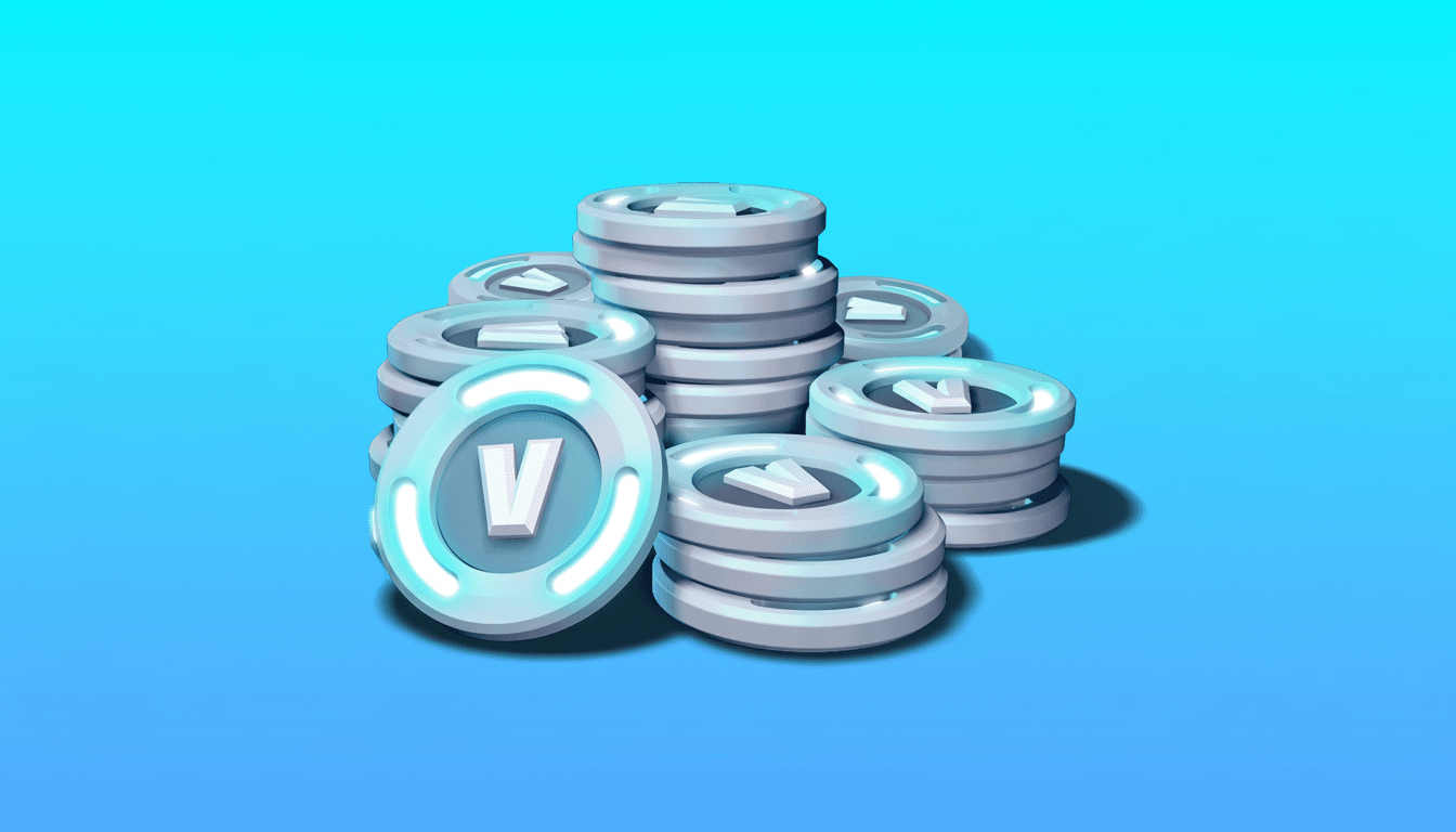 A stack of silver coins with a glowing V symbol on a blue gradient background.