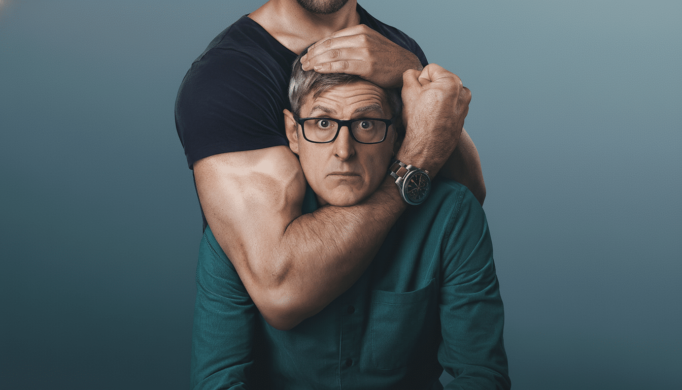 A man with glasses looking surprised, with another mans muscular arms wrapped around his head and shoulders.