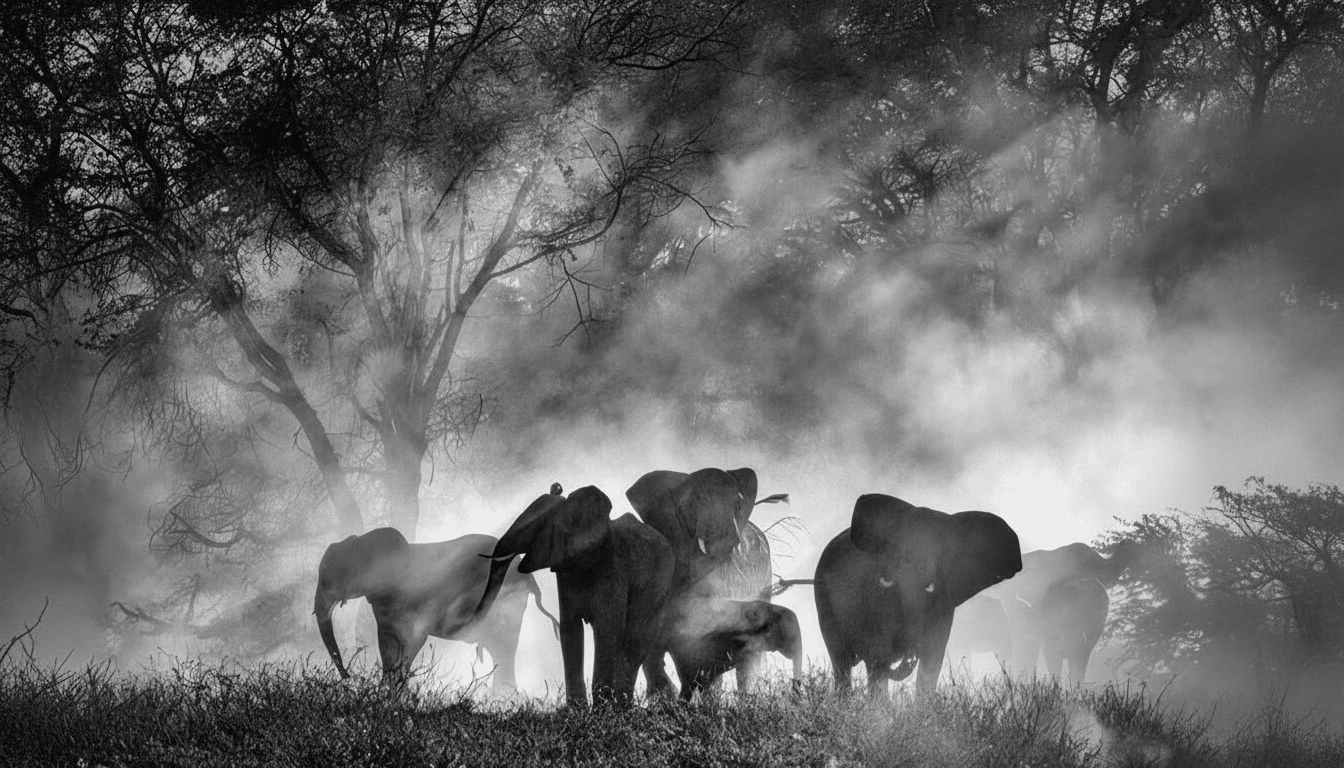 A herd of elephants, including adults and calves, walking through a dusty, misty landscape with trees in the background, rendered in black and white.