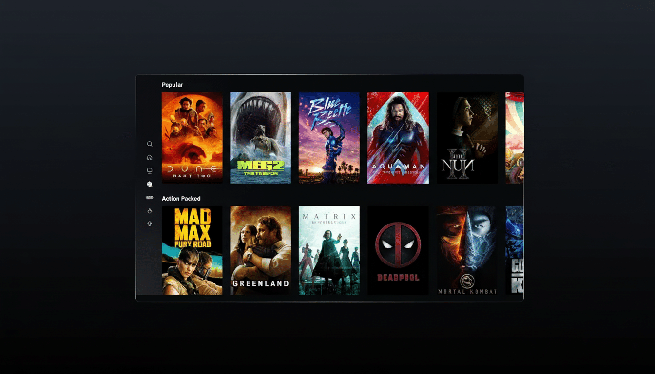 A screenshot of a movie streaming interface with various movie posters displayed in a grid, including Dune Part Two, Meg 2, Blue Beetle, Aquaman, The Nun, Mad Max Fury Road, Greenland, The Matrix, Deadpool, and Mortal Kombat.