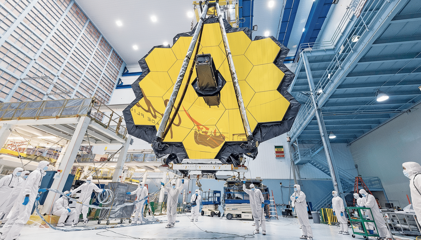 The James Webb Space Telescope in a clean room with technicians in white suits.