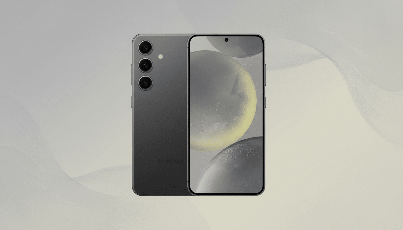 A dark gray Samsung smartphone, shown from the front and back, against a light gray background with subtle wave patterns.