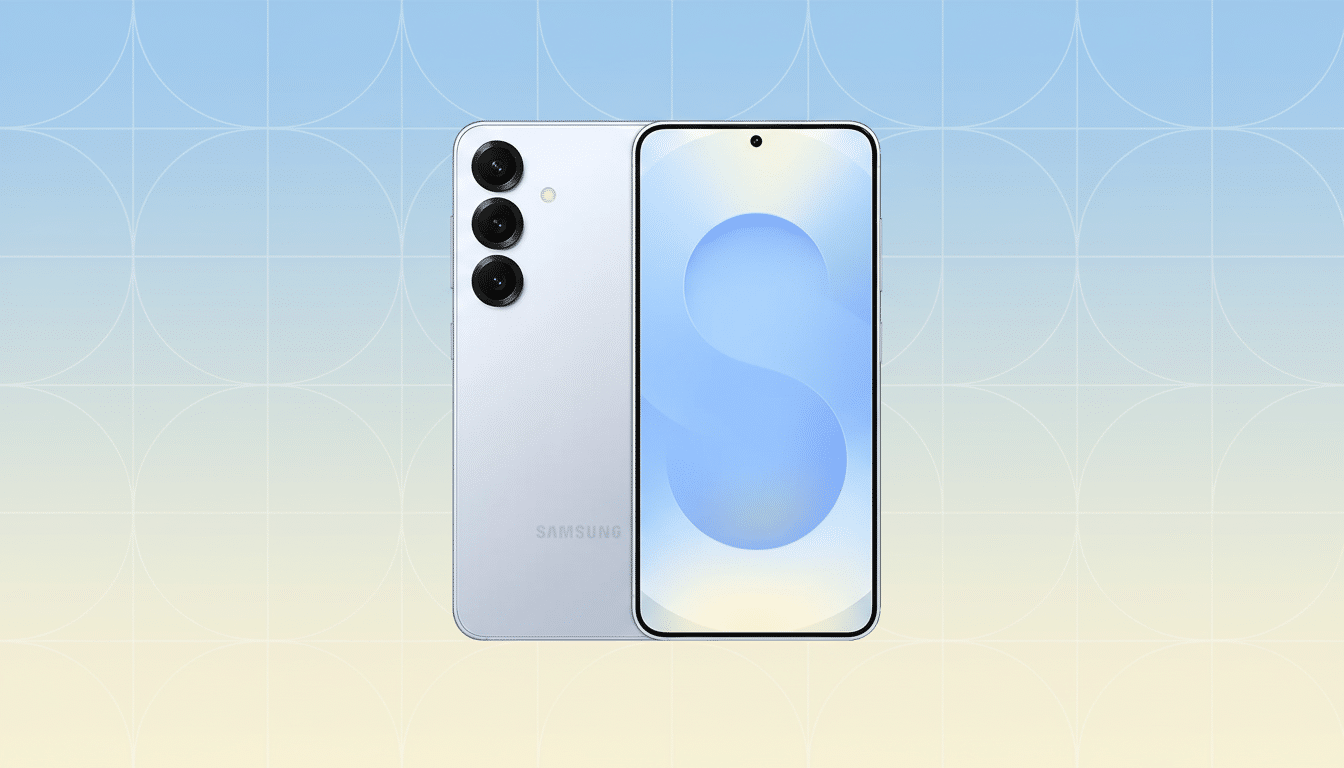 A light purple Samsung smartphone is displayed against a professional flat design background with soft blue and yellow gradients and subtle geometric patterns. The phone is shown from the front and back, highlighting its camera array and screen.