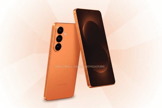 A 16:9 aspect ratio image of two orange Samsung smartphones, one facing forward and one showing its back, against a professional flat design background with soft orange patterns.