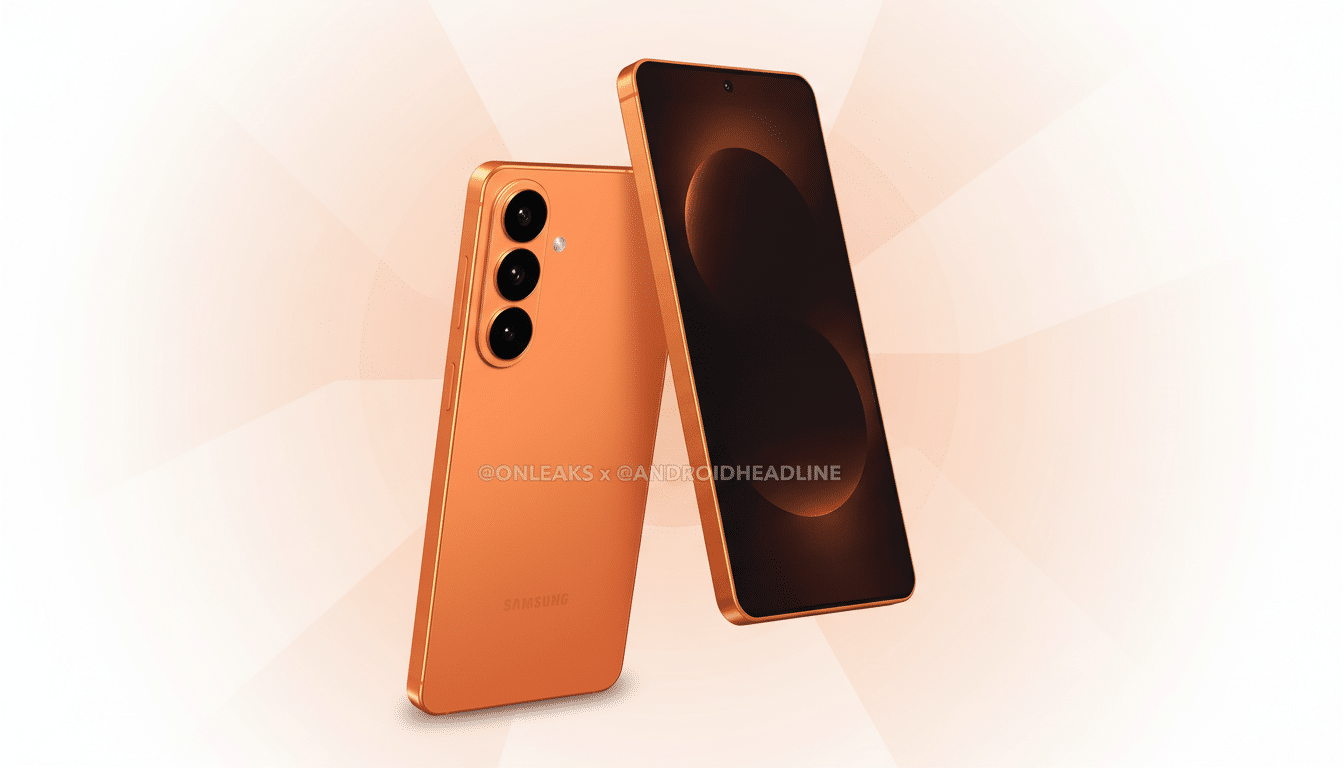 A 16:9 aspect ratio image of two orange Samsung smartphones, one facing forward and one showing its back, against a professional flat design background with soft orange patterns.