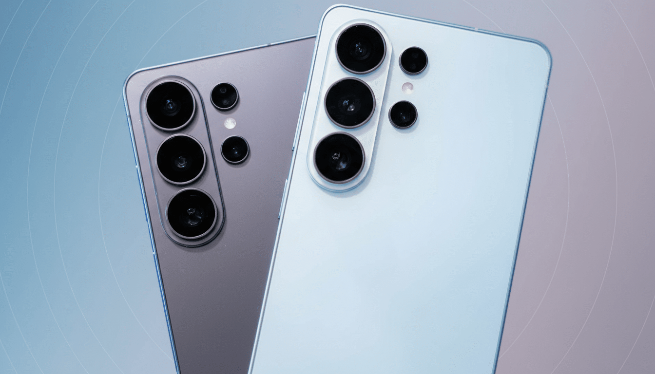 Two smartphones, one light blue and one light purple, are shown from the back, highlighting their multiple camera lenses. The background is a soft gradient of blue and purple with subtle circular patterns.