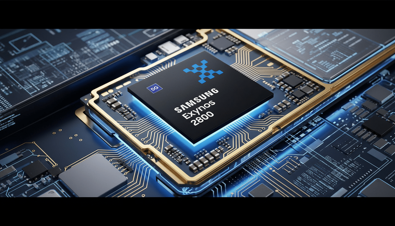 A close-up, professionally enhanced image of a Samsung Exynos 2800 chip with a 5G logo, set within a circuit board, resized to a 16:9 aspect ratio.