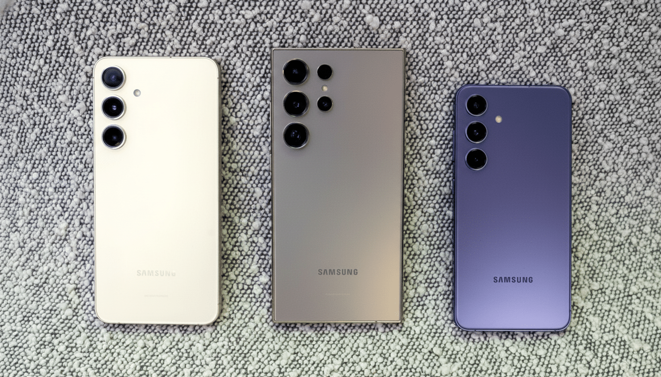 Three Samsung smartphones, in cream, gray, and purple, are arranged side-by-side on a textured gray surface.
