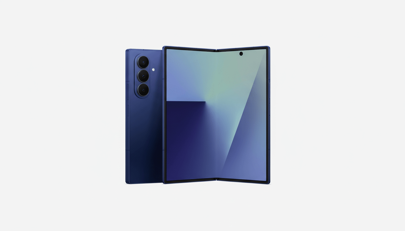 A blue foldable smartphone is displayed with its screen open, showing a gradient wallpaper, and its back visible, featuring a triple camera setup.