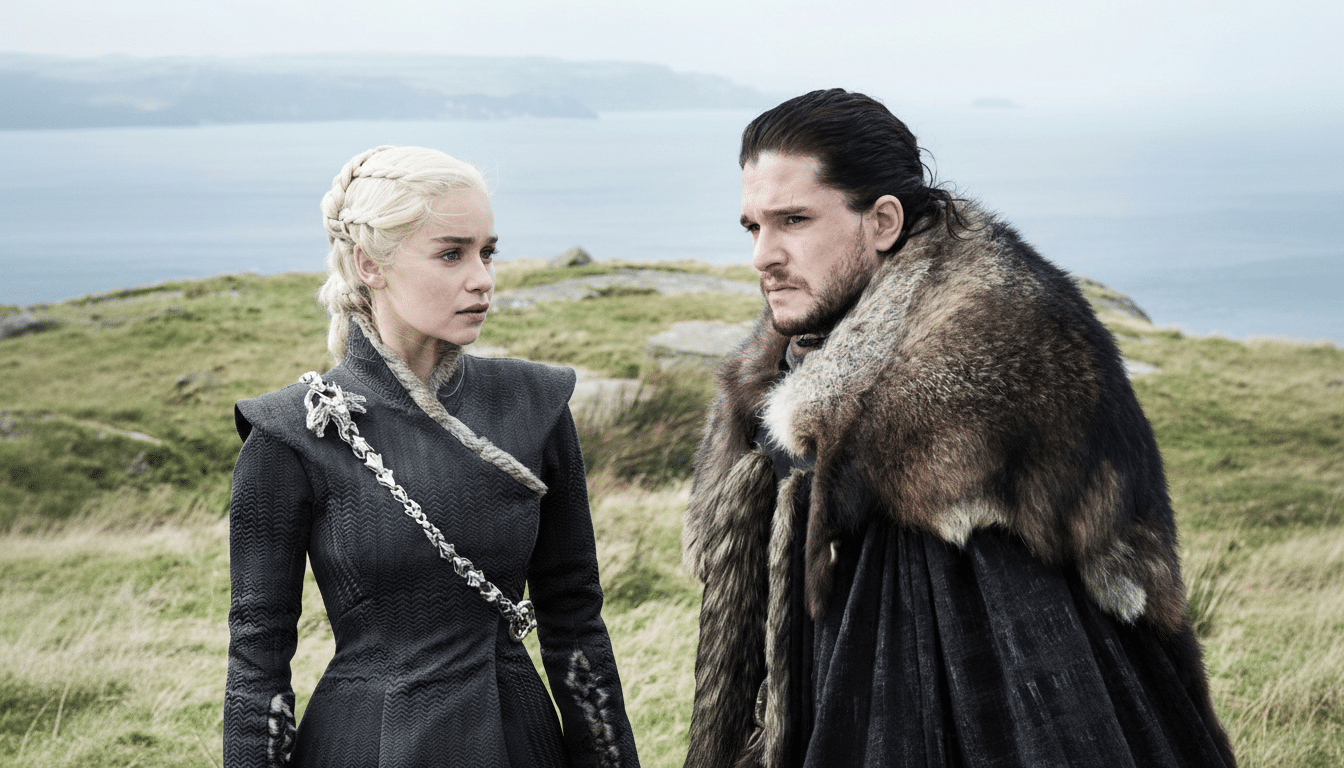 Daenerys Targaryen and Jon Snow standing in a grassy, windswept landscape with the sea in the background.