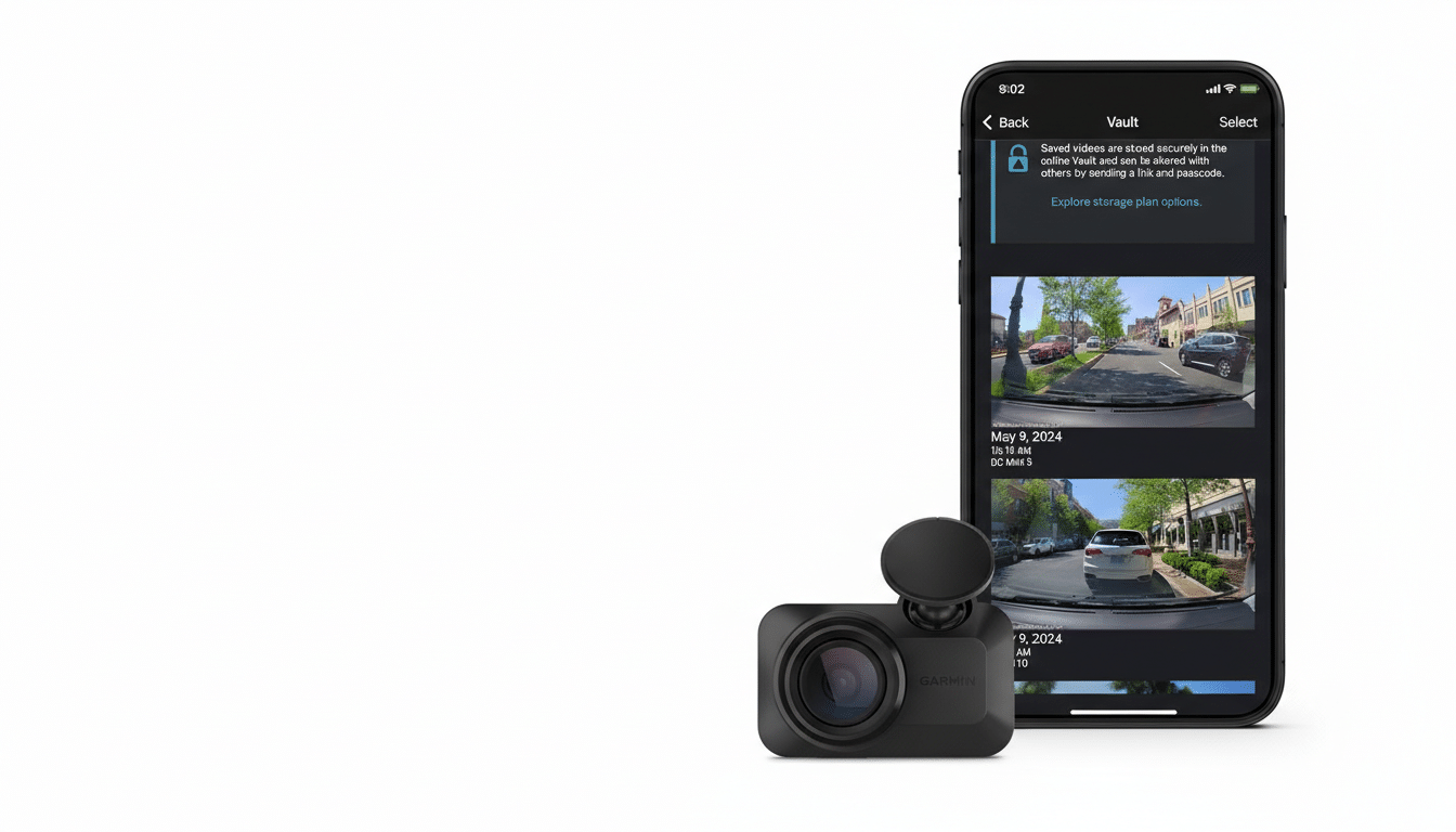 A Garmin dash cam and a smartphone displaying the Garmin Vault app with video footage.