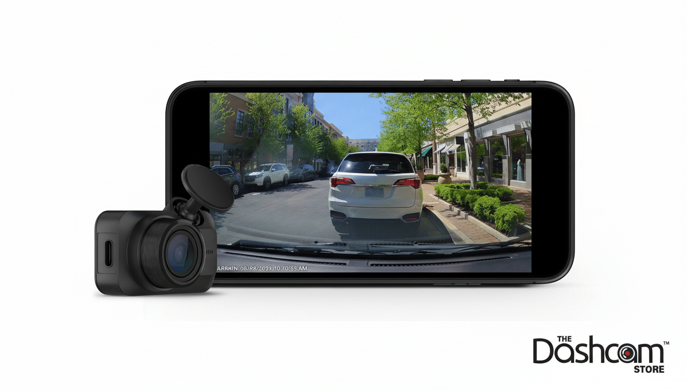 A black dashcam is positioned in front of a smartphone displaying a street view from a cars perspective. The smartphone screen shows a white SUV ahead on a tree-lined street with buildings on the right. The Dashcam Store logo is at the bottom right.