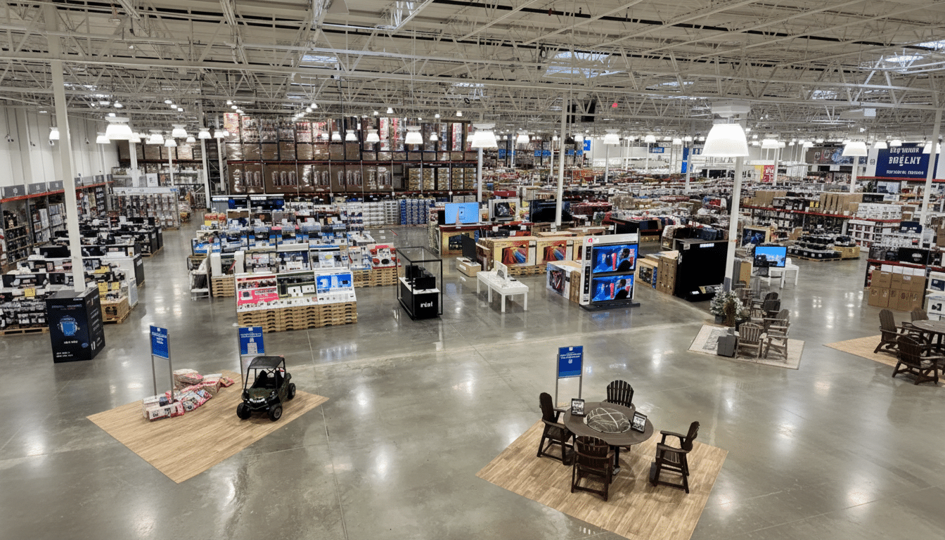 An overhead view of a large retail store with various electronics and home goods on display.