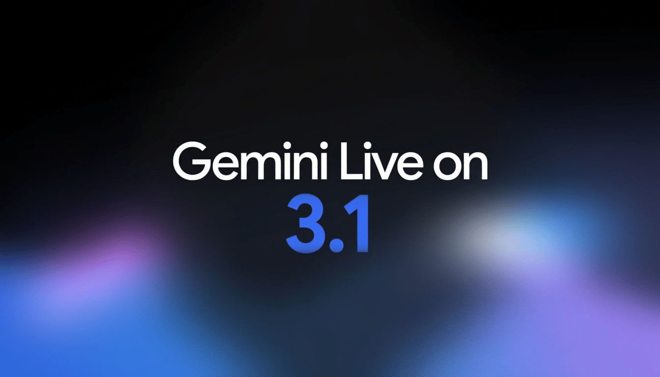 The image displays Gemini Live on 3.1 in white and blue text against a dark, blurred background with purple and blue hues.