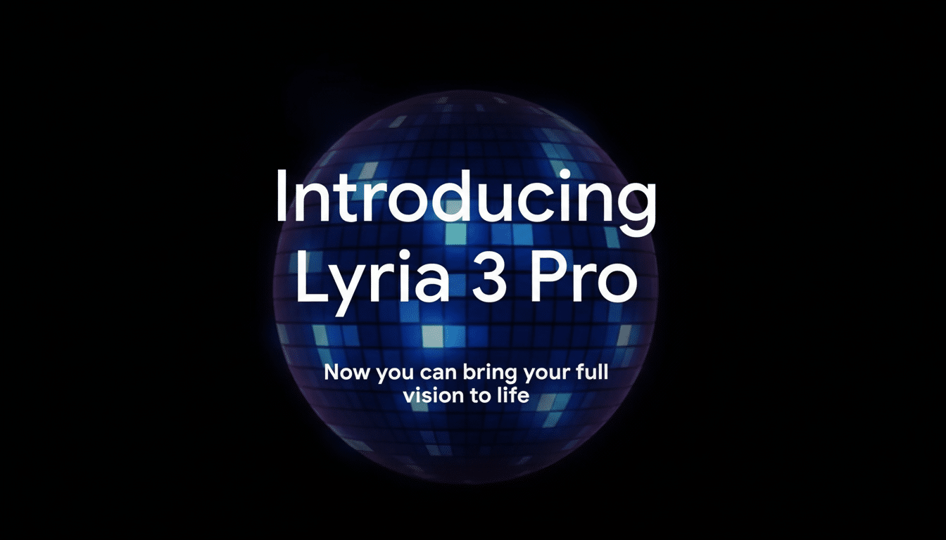 A disco ball with the text Introducing Lyria 3 Pro and Now you can bring your full vision to life on a black background.