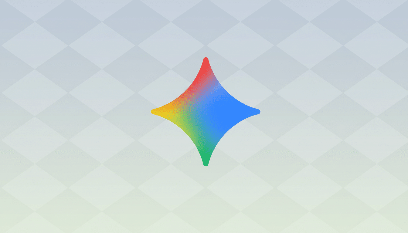 A colorful, four-pointed star-like shape with a gradient of red, yellow, green, and blue, centered on a light gray background with a subtle diamond pattern.