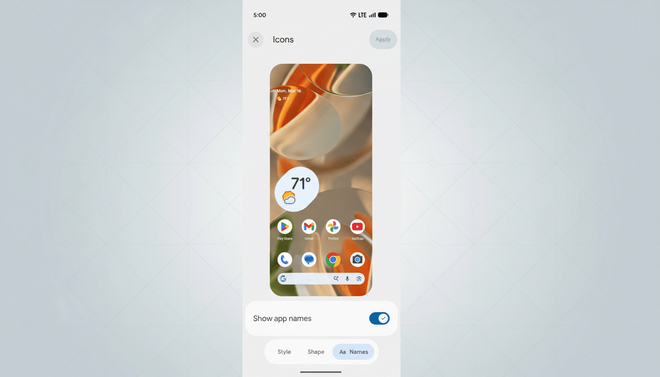A screenshot of a phones Icons settings, showing a home screen preview with app icons and a weather widget. The background has been professionally enhanced with a subtle geometric pattern.