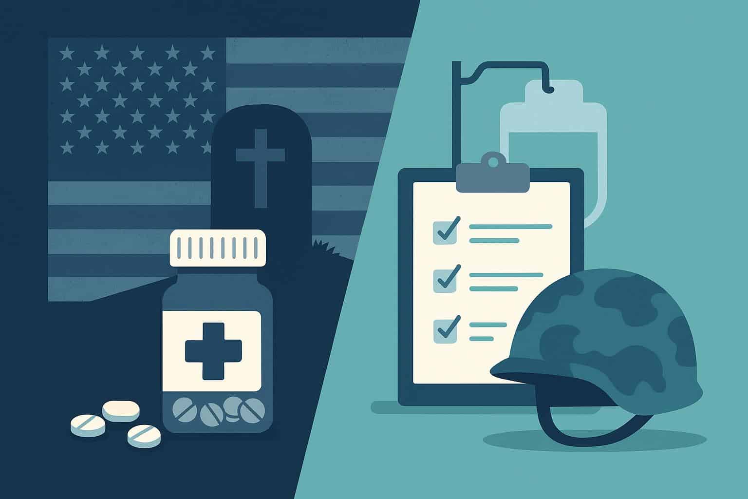 Modern addiction treatment facility with therapy rooms and military memorabilia honoring veterans