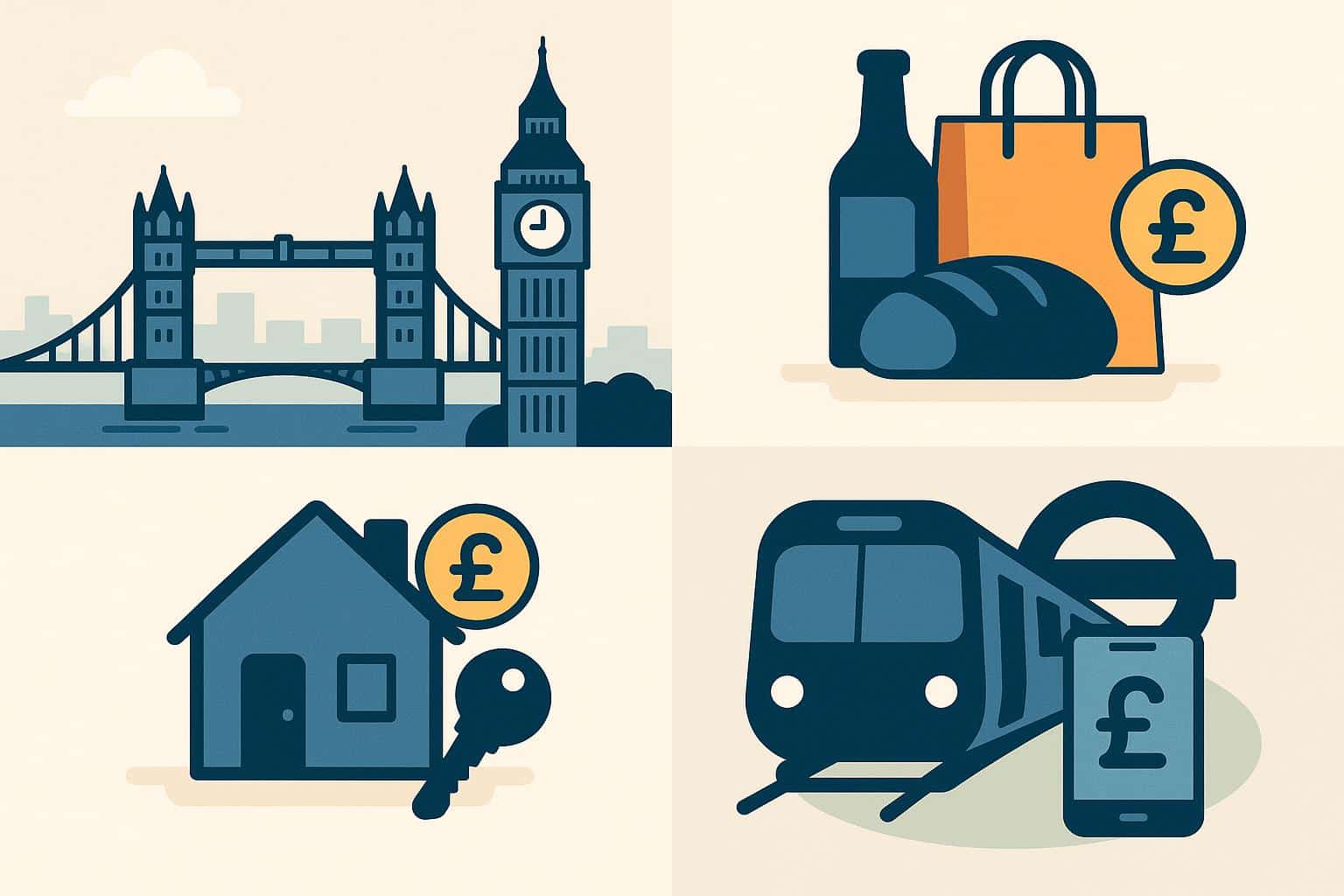 London cityscape with university icons and budget symbols representing student living expenses