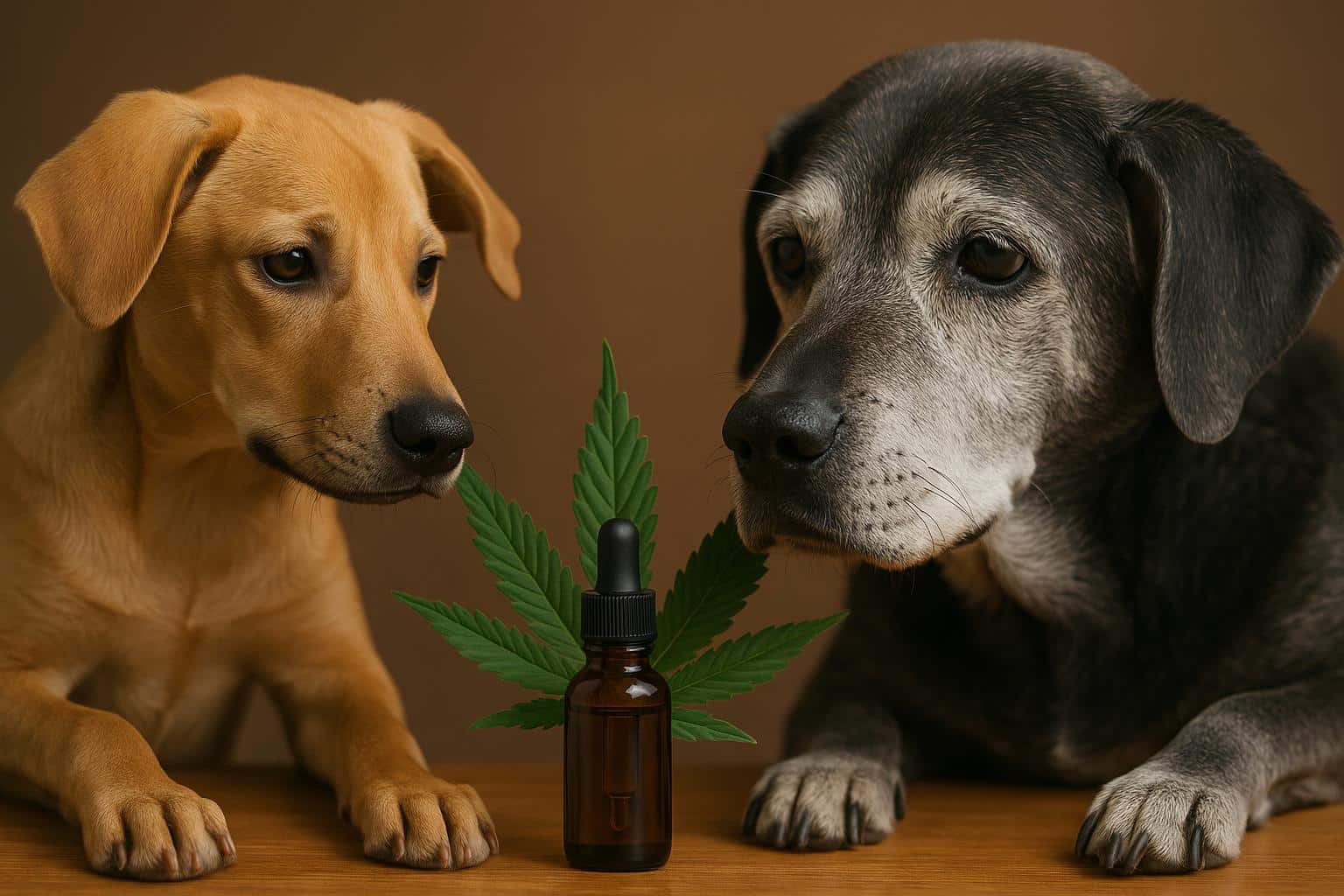 Senior dog relaxing on a couch with CBD oil bottle nearby, highlighting cannabidiol effects