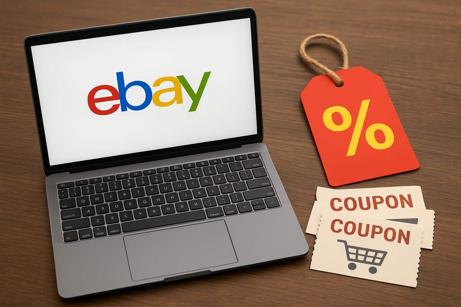 eBay discount code highlighted on digital shopping cart symbolizing online savings and deals