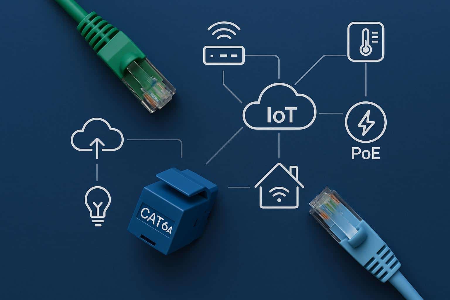 Cat6a Ethernet cables connecting smart devices for advanced IoT and PoE network upgrades
