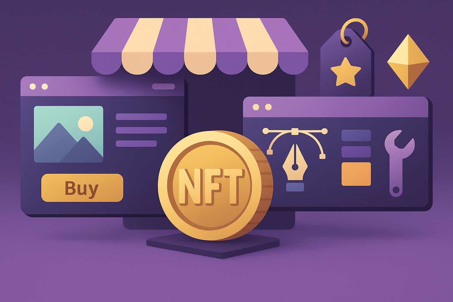Custom NFT marketplace concept with digital art icons and blockchain elements intertwining