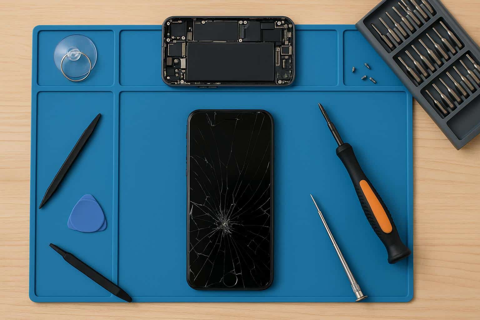 Smartphone being repaired with tools on a workbench, illustrating phone repair process