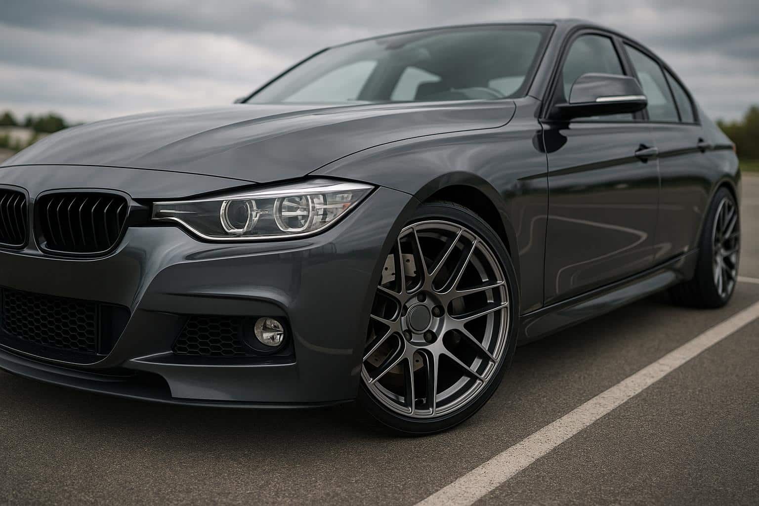 Close-up of stylish aftermarket wheels installed on a modern car, showcasing upgraded rims