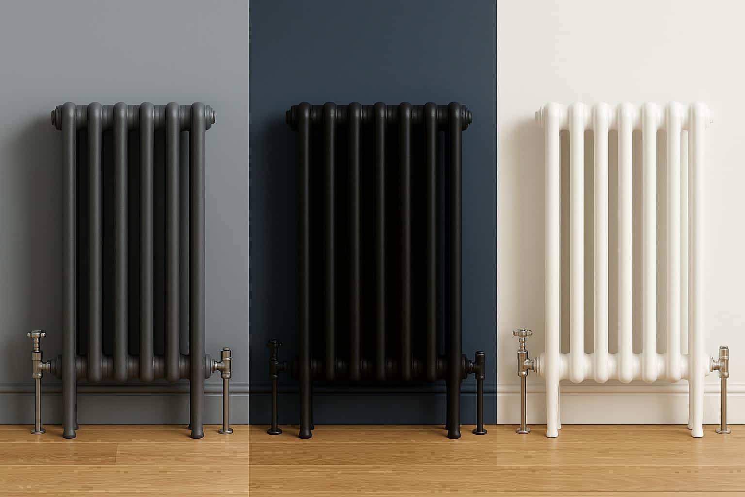 Anthracite, black, and white column radiators displayed in modern home interiors for comparison