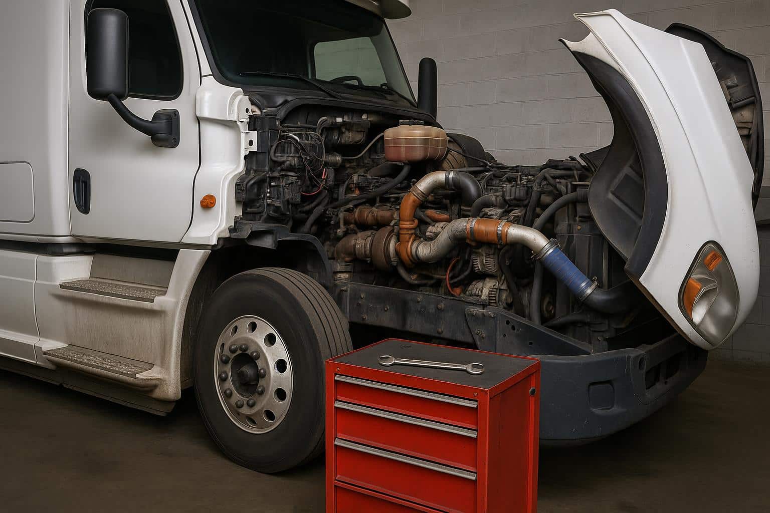 Semi truck undergoing engine repairs in a garage, illustrating maintenance costs and benefits