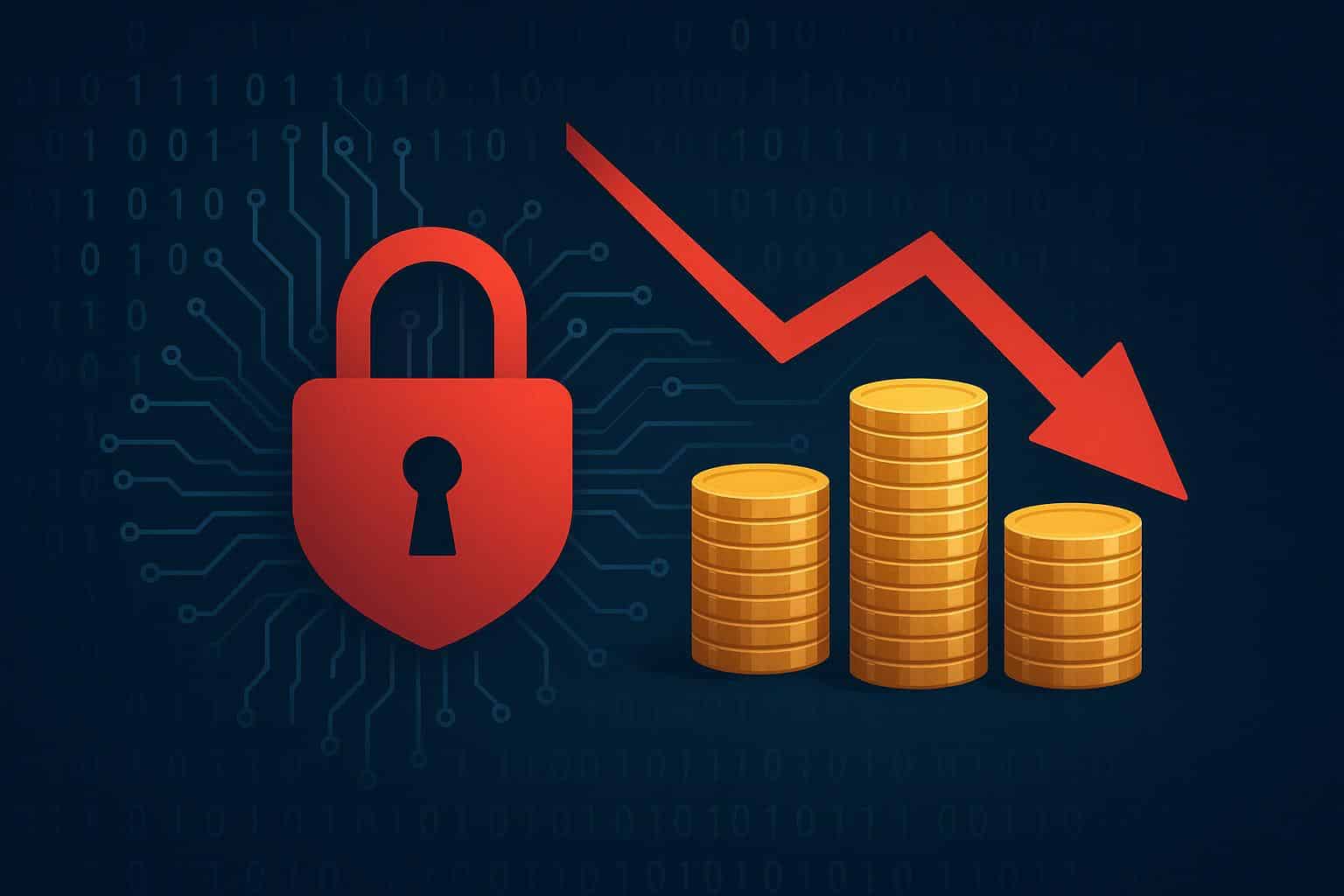 Padlock over digital circuit board symbolizing cybersecurity risks and financial consequences