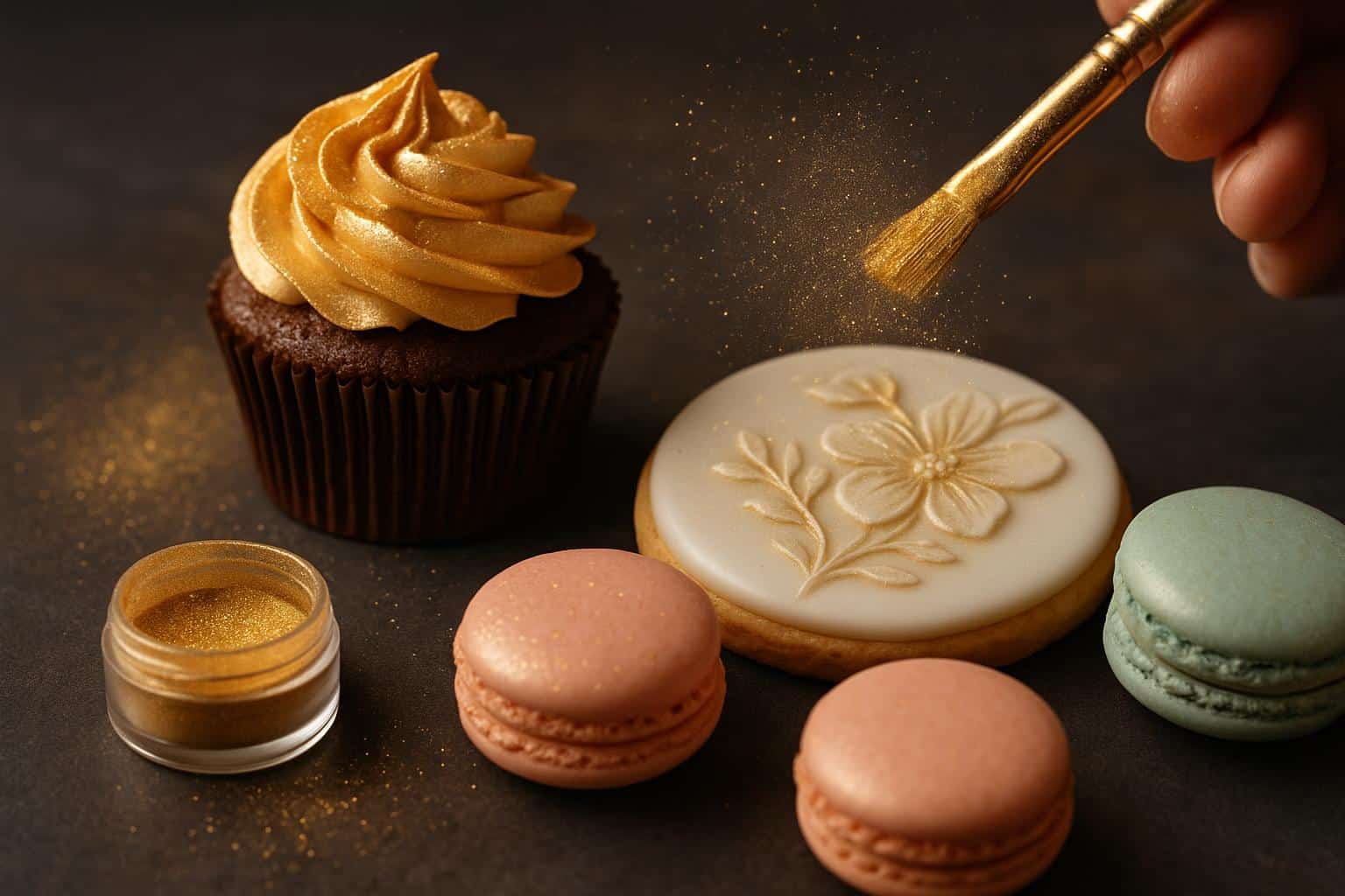 Vibrant desserts decorated with shimmering luster dust for artistic culinary presentation