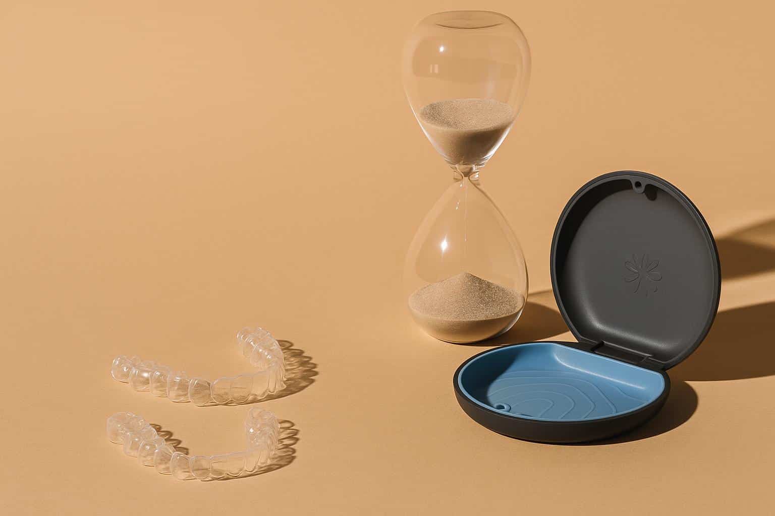 Clear aligners and dental tools on a white surface representing invisible braces treatment duration