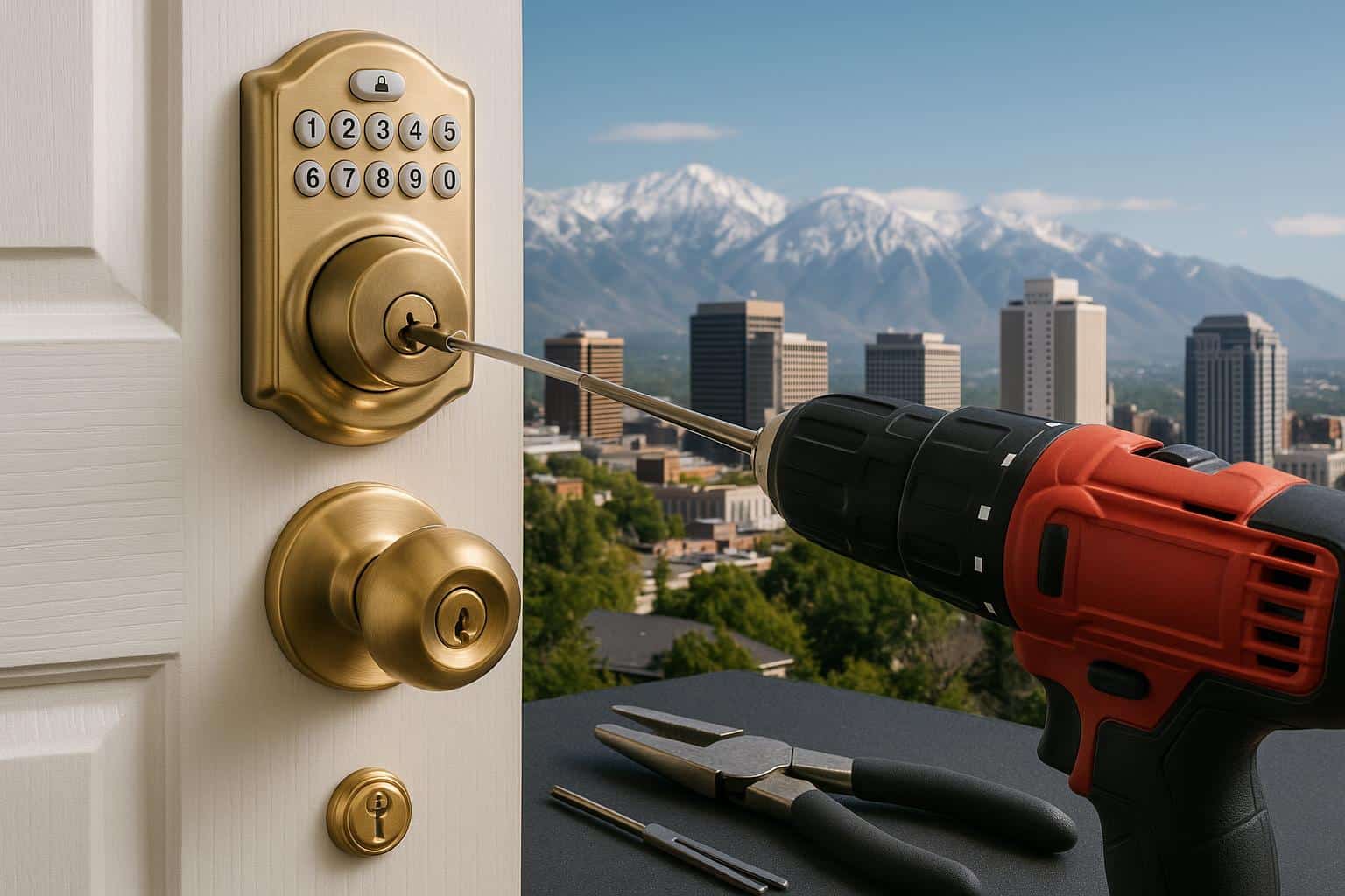 Professional locksmith installing secure lock on door for Salt Lake City home and business safety